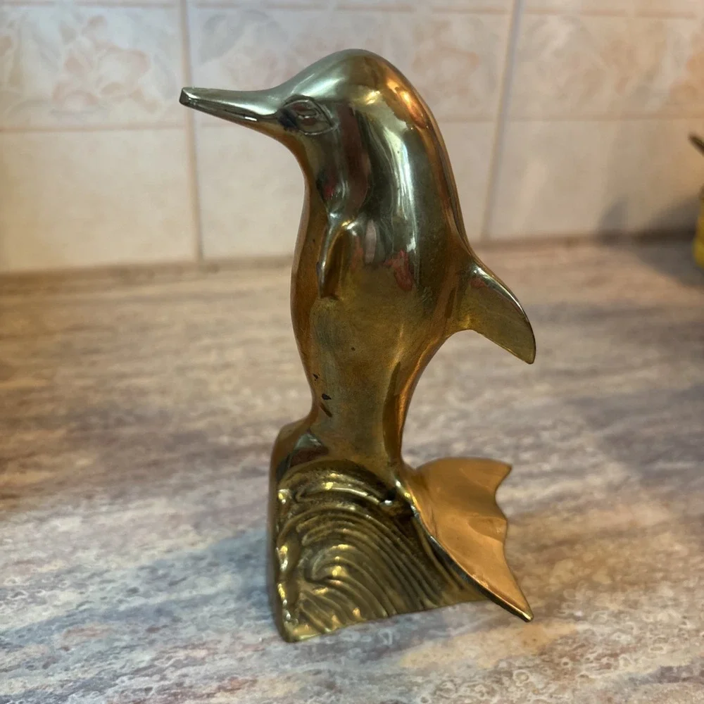 VTG Dolphin Brass figure Standing Riding Wave Surfing 5.5 inches tall dolphin